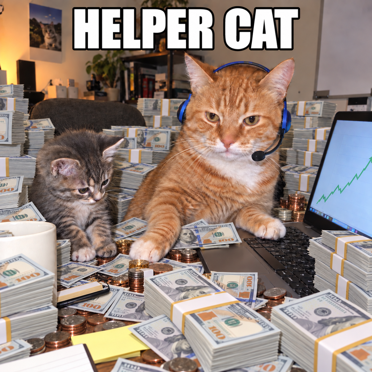 HELPER CAT mascot: two cats at a desk with a headset, laptop, and playful stacks of money